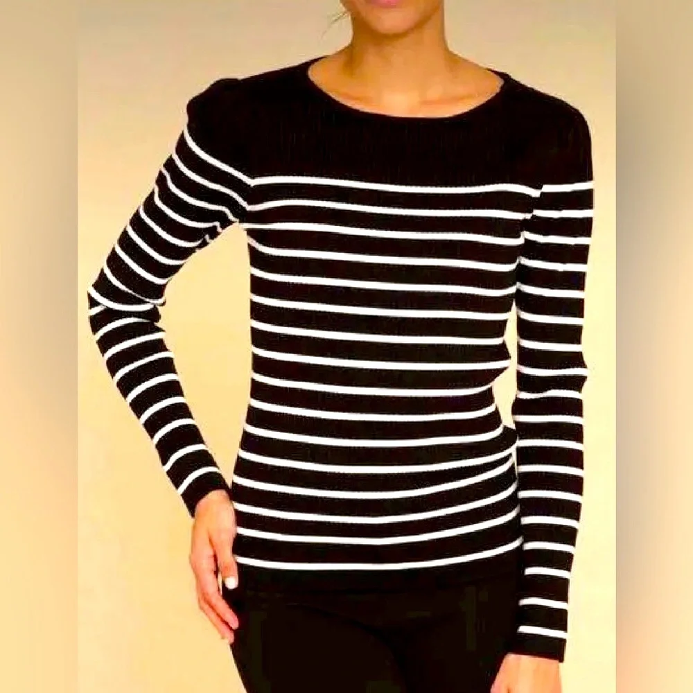 Elie Tahari Ribbed Striped Sweater Small Black White